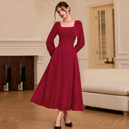 Women's Square Neck Dresses Puff Long Sleeve A Line Flowy Maxi Dress