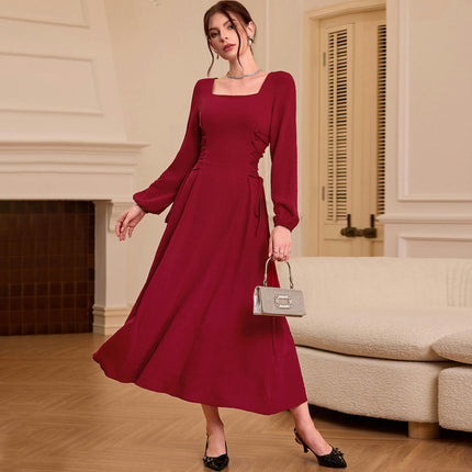 Women's Square Neck Dresses Puff Long Sleeve A Line Flowy Maxi Dress