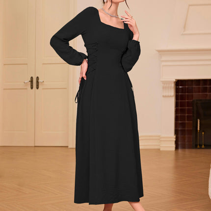 Women's Square Neck Dresses Puff Long Sleeve A Line Flowy Maxi Dress