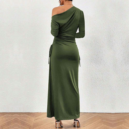 Women's Elegant Long Sleeve Evening Party Dress Sexy One Shoulder Drawstring Bodycon Dresses