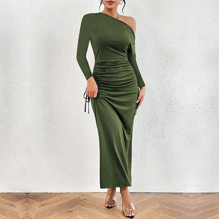 Women's Elegant Long Sleeve Evening Party Dress Sexy One Shoulder Drawstring Bodycon Dresses