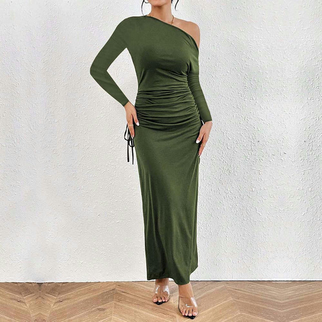 Women's Elegant Long Sleeve Evening Party Dress Sexy One Shoulder Drawstring Bodycon Dresses