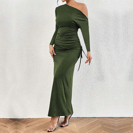 Women's Elegant Long Sleeve Evening Party Dress Sexy One Shoulder Drawstring Bodycon Dresses