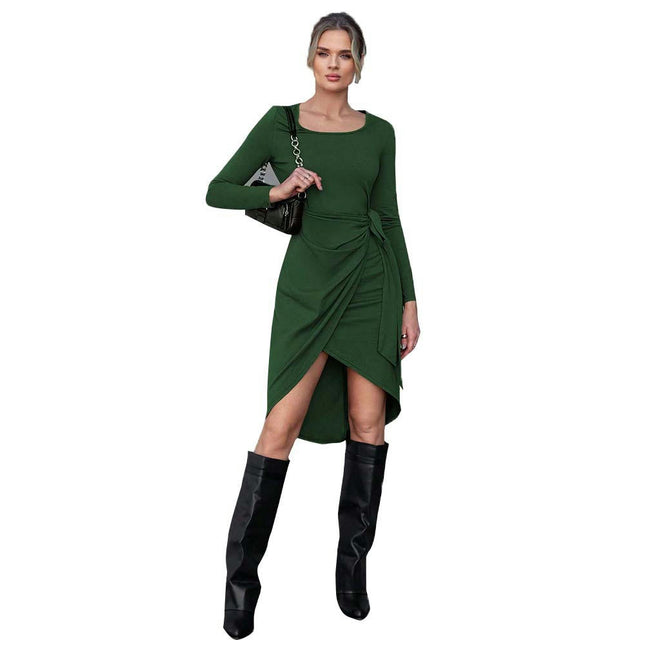 Women Long Sleeve Tie Waist Dress Crew Neck Slim Fit Ruched High Low Midi Dresses