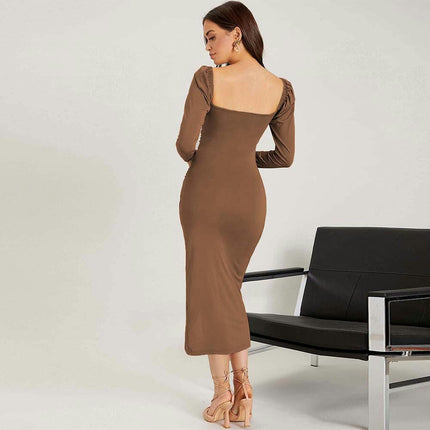 Women's Casual Ruched Dress Sweetheart Neck Long Sleeves Bodycon Midi Dresses