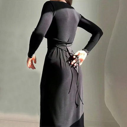 Women's Sexy Bodycon Long Sleeve Ruched Deep V Neck Tie Back Solid Party Club Midi Dress