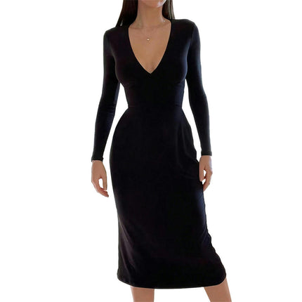 Women's Sexy Bodycon Long Sleeve Ruched Deep V Neck Tie Back Solid Party Club Midi Dress