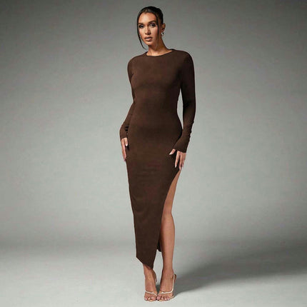 Women's Sexy Long Sleeve Crew Neck Backless Long Dress Tie Back Casual Bodycon Split Maxi Dress