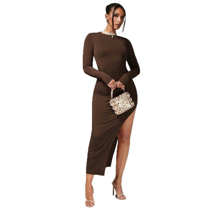 Women's Sexy Long Sleeve Crew Neck Backless Long Dress Tie Back Casual Bodycon Split Maxi Dress