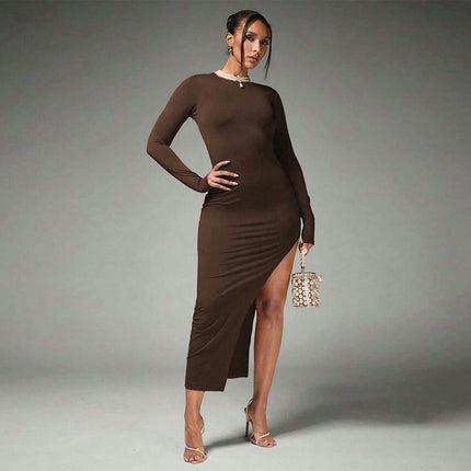 Women's Sexy Long Sleeve Crew Neck Backless Long Dress Tie Back Casual Bodycon Split Maxi Dress