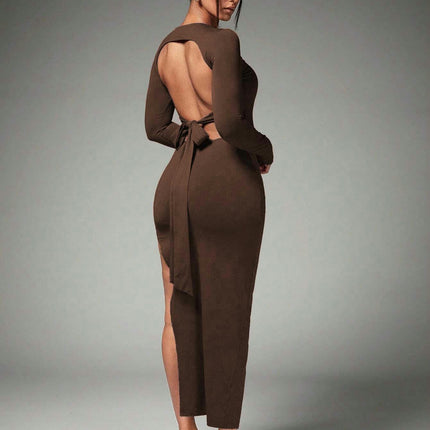 Women's Sexy Long Sleeve Crew Neck Backless Long Dress Tie Back Casual Bodycon Split Maxi Dress