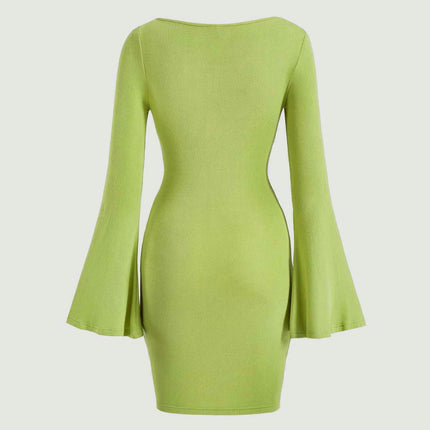 Women's Bell Long Sleeve Dress Sexy Deep V Neck Twist Front Bodycon Mini Dresses