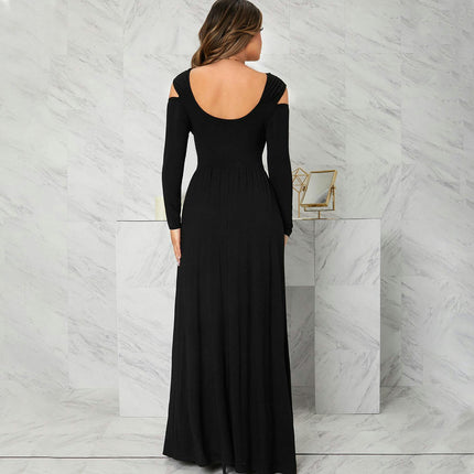 Women's Deep V Neck Cold Shoulder Long Sleeve Dress Split A Line Long Cocktail Party Dresses