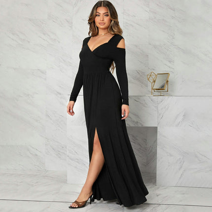 Women's Deep V Neck Cold Shoulder Long Sleeve Dress Split A Line Long Cocktail Party Dresses