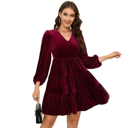 Womens Velvet Elegant Dress Long Sleeve V Neck A Line Ruffled Cocktail Party Mini Dress