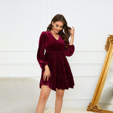 Womens Velvet Elegant Dress Long Sleeve V Neck A Line Ruffled Cocktail Party Mini Dress