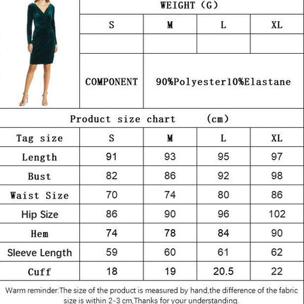 Womens V Neck Long Sleeve Velvet Dress Bodycon Cocktail Ruched Elegant Party Mini Dress