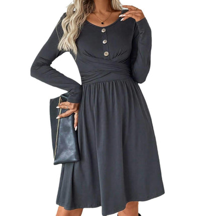 Women's Fall Round Neck Long Sleeve Dresses Twist Front Swing A Line Flowy Mini Dress