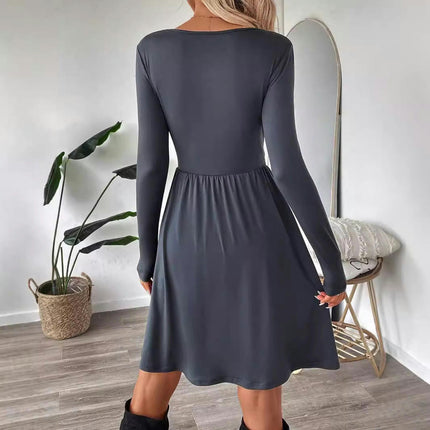 Women's Fall Round Neck Long Sleeve Dresses Twist Front Swing A Line Flowy Mini Dress