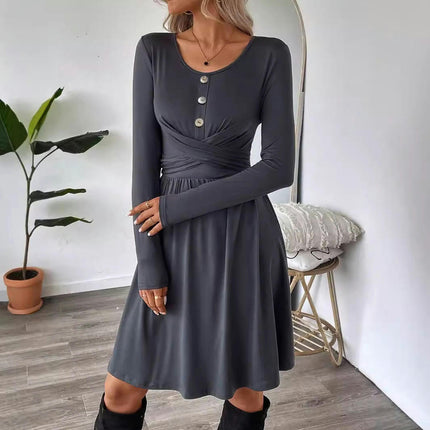 Women's Fall Round Neck Long Sleeve Dresses Twist Front Swing A Line Flowy Mini Dress