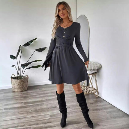 Women's Fall Round Neck Long Sleeve Dresses Twist Front Swing A Line Flowy Mini Dress