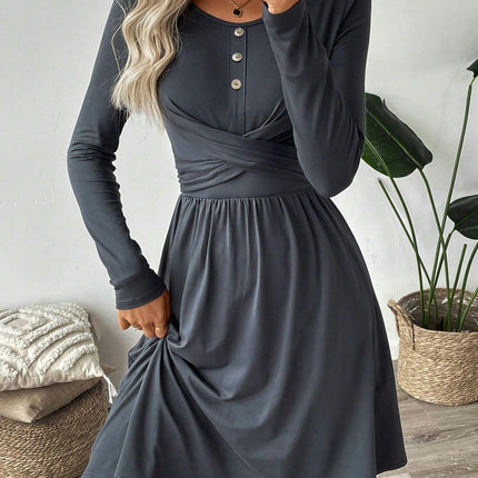 Women's Fall Round Neck Long Sleeve Dresses Twist Front Swing A Line Flowy Mini Dress