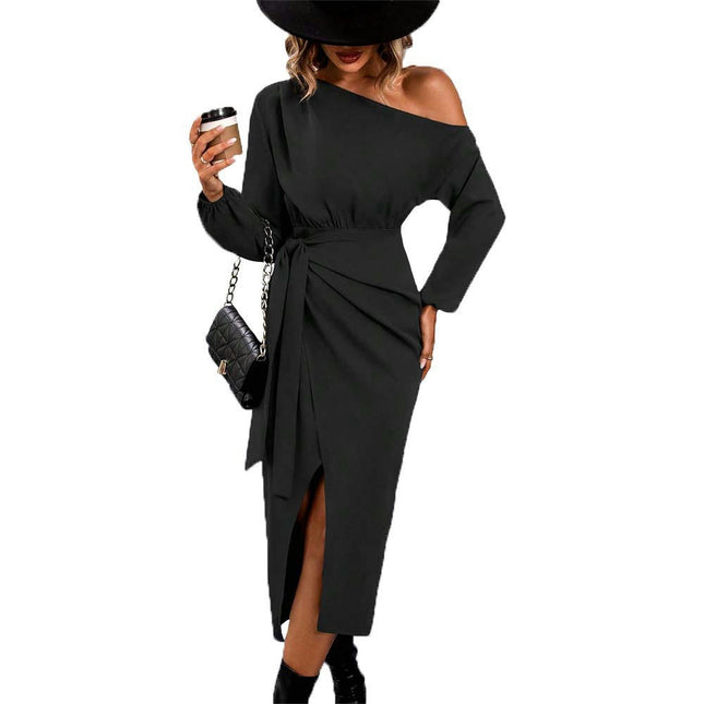 Women's One Shoulder Long Sleeve Bodycon Split Cocktail Party Maxi Dress