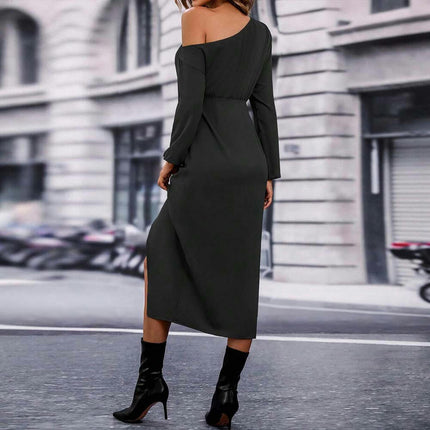 Women's One Shoulder Long Sleeve Bodycon Split Cocktail Party Maxi Dress