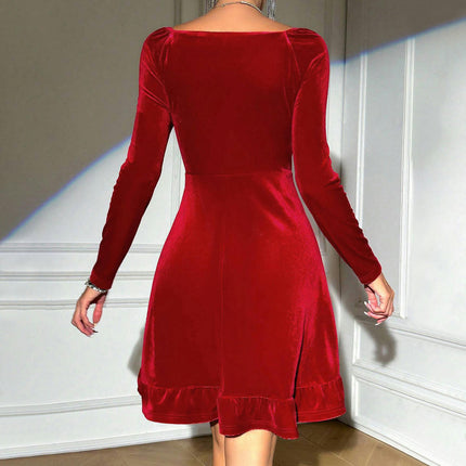 Womens Wrap V Neck Long Sleeve A Line Cocktail Party Swing Flare Skater Velvet Mini Dress