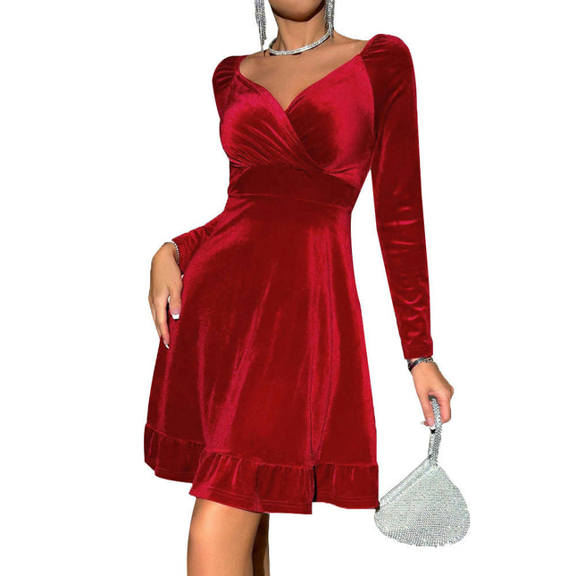 Womens Wrap V Neck Long Sleeve A Line Cocktail Party Swing Flare Skater Velvet Mini Dress