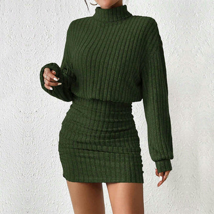 Women's Pullover Sweater Dress Long Lantern Sleeve Turtle Neck Ribbed Knit Bodycon Mini Dress