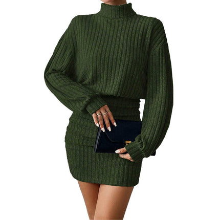 Women's Pullover Sweater Dress Long Lantern Sleeve Turtle Neck Ribbed Knit Bodycon Mini Dress