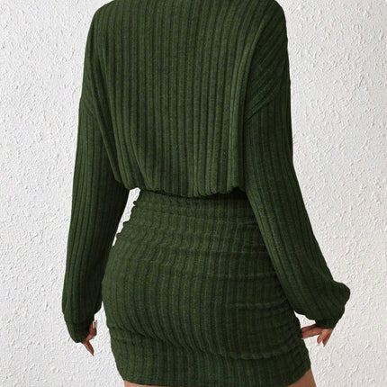 Women's Pullover Sweater Dress Long Lantern Sleeve Turtle Neck Ribbed Knit Bodycon Mini Dress