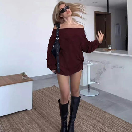 Women's Fall Off The Shoulder Mini Dress Long Sleeve Loose Casual Short Dresses