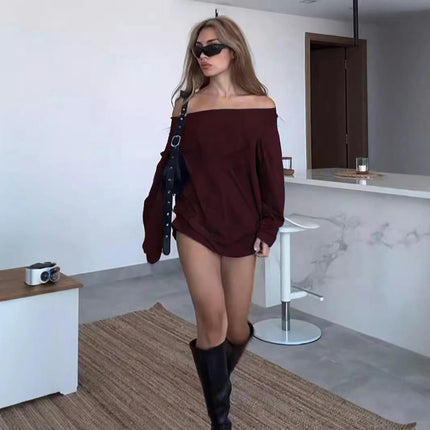 Women's Fall Off The Shoulder Mini Dress Long Sleeve Loose Casual Short Dresses