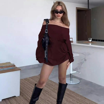 Women's Fall Off The Shoulder Mini Dress Long Sleeve Loose Casual Short Dresses