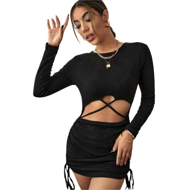 Womens Crew Neck Bodycon Dresses Long Sleeve Drawstring Cut Out Casual Mini Dress