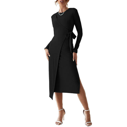 Women's Casual Crewneck Tie Waist Fall Bodycon Dress Long Sleeve Split Slim Fit Midi Dress