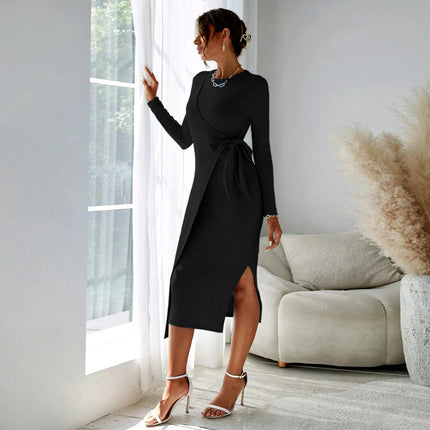 Women's Casual Crewneck Tie Waist Fall Bodycon Dress Long Sleeve Split Slim Fit Midi Dress