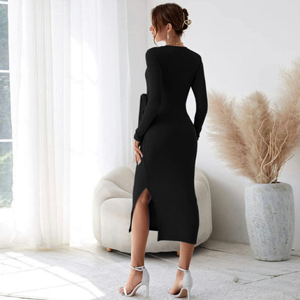 Women's Casual Crewneck Tie Waist Fall Bodycon Dress Long Sleeve Split Slim Fit Midi Dress