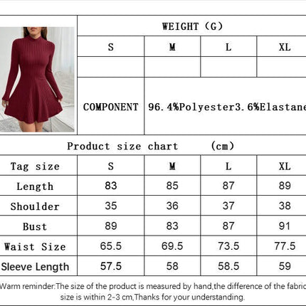 Women's Casual Mini Dress Mock Neck Fall Ribbed Long Sleeve A Line Flowy Sweater Dress