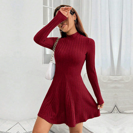 Women's Casual Mini Dress Mock Neck Fall Ribbed Long Sleeve A Line Flowy Sweater Dress