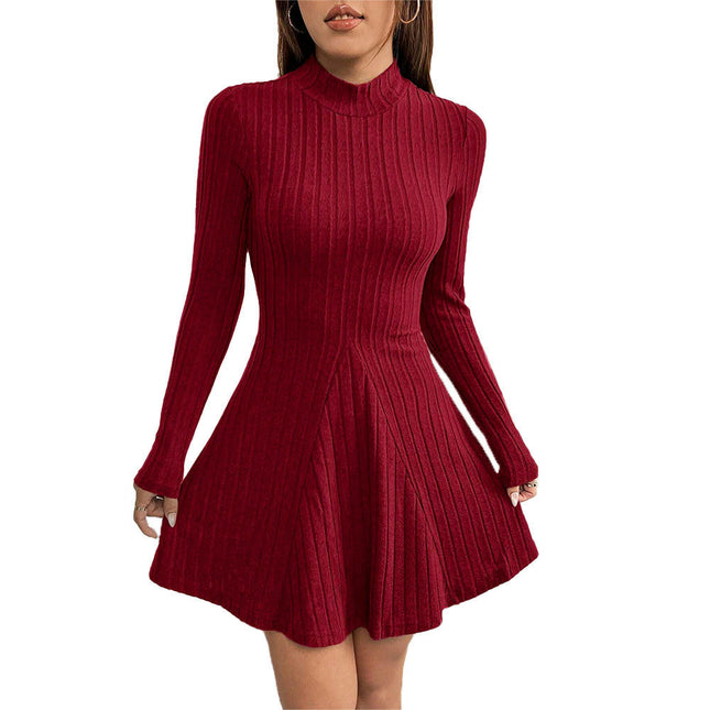 Women's Casual Mini Dress Mock Neck Fall Ribbed Long Sleeve A Line Flowy Sweater Dress