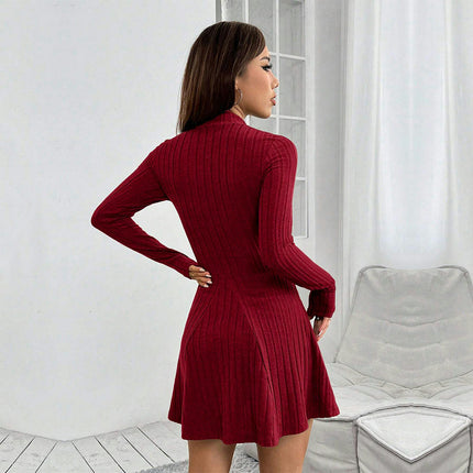 Women's Casual Mini Dress Mock Neck Fall Ribbed Long Sleeve A Line Flowy Sweater Dress