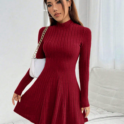 Women's Casual Mini Dress Mock Neck Fall Ribbed Long Sleeve A Line Flowy Sweater Dress