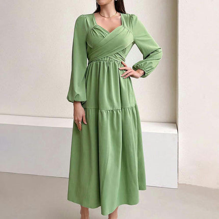 Women's Fall Long Sleeve Casual Dresses Wrap Sweetheart Neck Tiered Ruffle Flowy Midi Dress