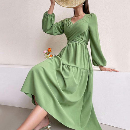 Women's Fall Long Sleeve Casual Dresses Wrap Sweetheart Neck Tiered Ruffle Flowy Midi Dress