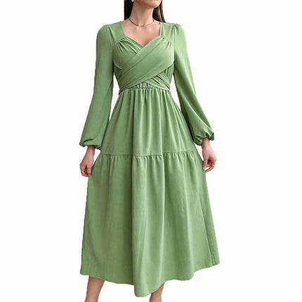 Women's Fall Long Sleeve Casual Dresses Wrap Sweetheart Neck Tiered Ruffle Flowy Midi Dress