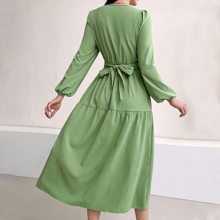 Women's Fall Long Sleeve Casual Dresses Wrap Sweetheart Neck Tiered Ruffle Flowy Midi Dress