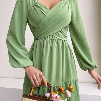 Women's Fall Long Sleeve Casual Dresses Wrap Sweetheart Neck Tiered Ruffle Flowy Midi Dress